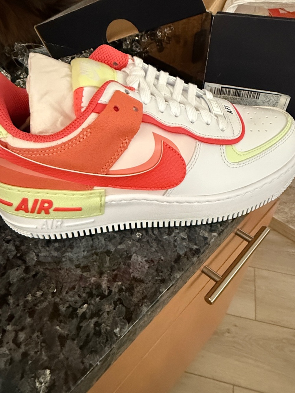Nike White Sneakers with Coral and Neon Yellow Accents